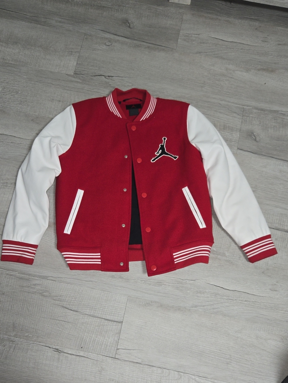 Youth Size Large 12-13YR Jordan Red and White Varsity Bomber Jacket